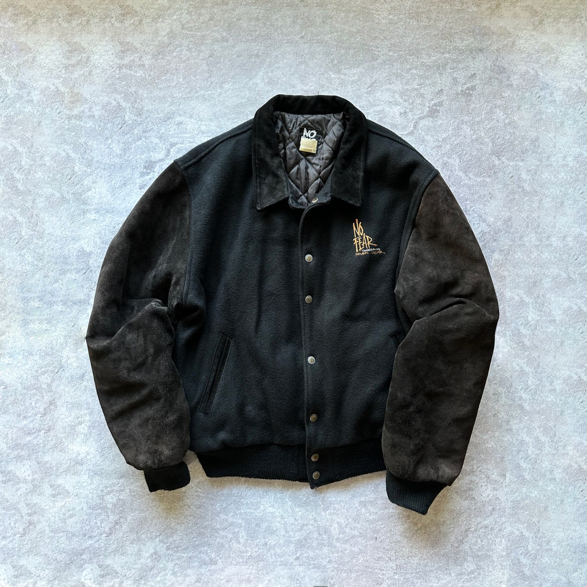 Vintage No Fear 90s Varsity Bomber Jacket Mens XL Black wool