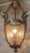 Victorian Mermaid Art Nouveau Hobnail Cut Glass Brass Lion Ceiling Lamp Lot 10