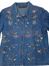 Denim Jacket New Identity Women s Medium Floral Embroidered Button Front