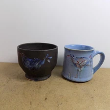 Studio Art Pottery Mug & Bowl Signed Bird Mark Abstract Bird Design