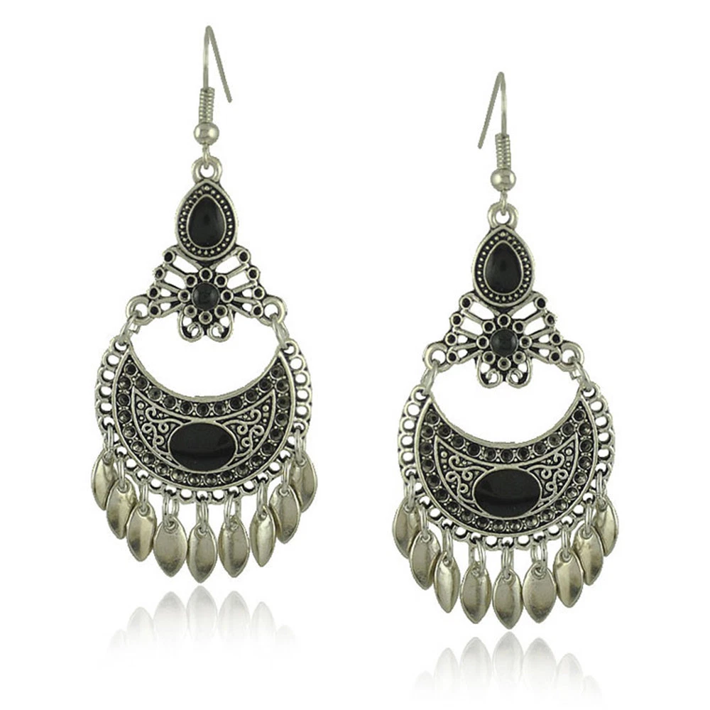 Turkish Style Silver Color Ethnic Earrings with Black stones and
