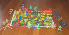 Vintage Johntoy Cowboy Indian Teepees Canoe Horses Figurines Play Set w Mat WoW