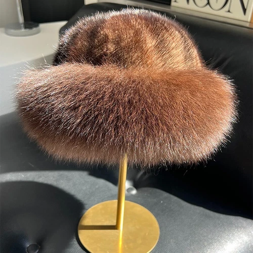 Women's Real Mink Fur Hat Bucket Hat Bowler Hat Warm Cap W Fox Fur Outdoor - Picture 22 of 44