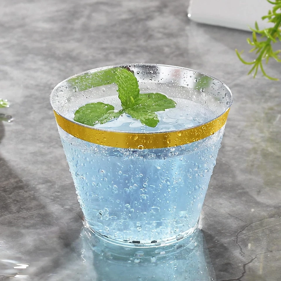 9oz Disposable Party Cups Gold Rim Hard Plastic Heavy Duty Set Pack of 100 - Image 2 of 4