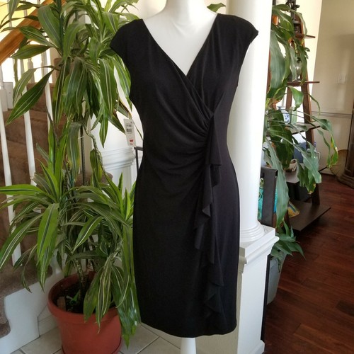 Connected Apparel Sz 6 Black Ruffled V-Neck Knee Length Dress Business Office - Picture 4 of 11