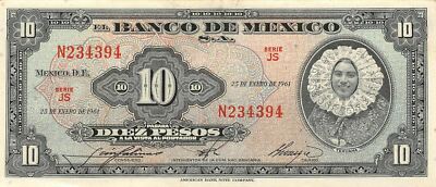 México  10  Pesos  25.1.1961  Series  JS Prefix  N  Circulated Banknote D37
