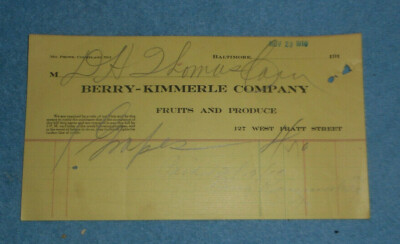 1910 Berry-Kimmerle Company Fruits & Produce Baltimore MD Billhead