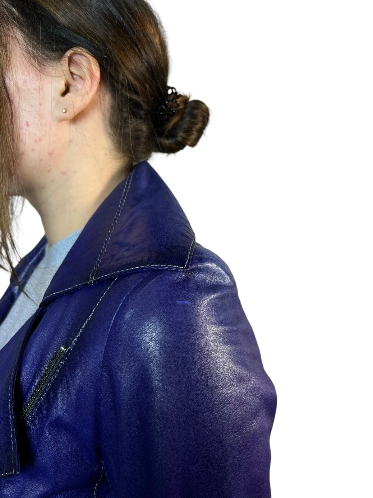 Giacca biker donna pelle Gucci vintage anni 80 full zip cintura zip viola taglia S