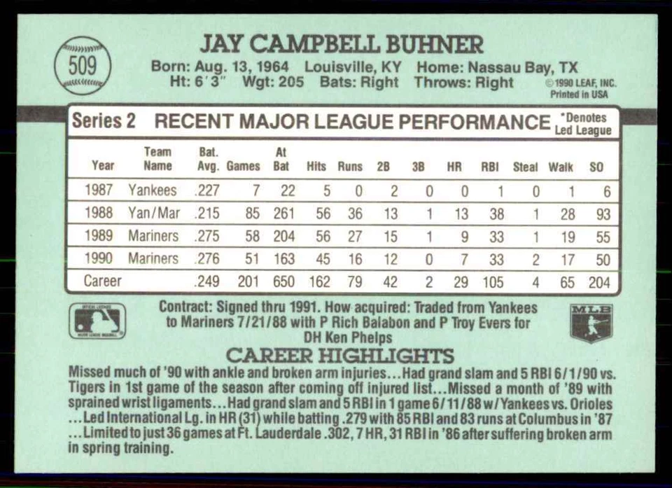 1991 Donruss Jay Buhner Seattle Mariners #509 - Image 2 of 2