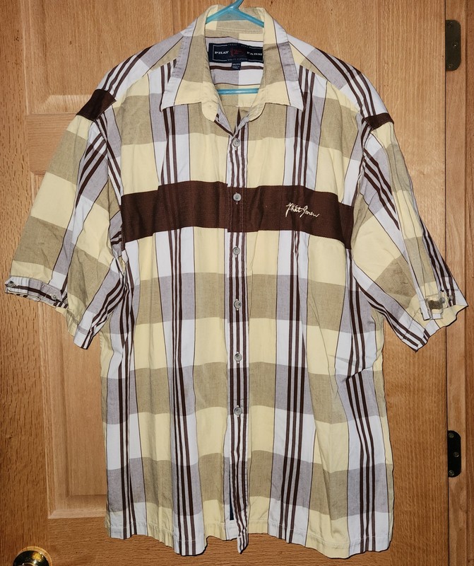 EuC Phat Farm Men's Button Down Shirt Size XXL sharp, yellow, Brown & grey 