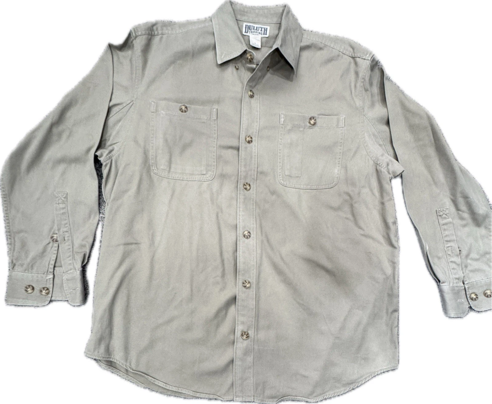 Duluth Trading Co Shirt Mens L Tan Button Up Workwear Cotton Long Sleeve