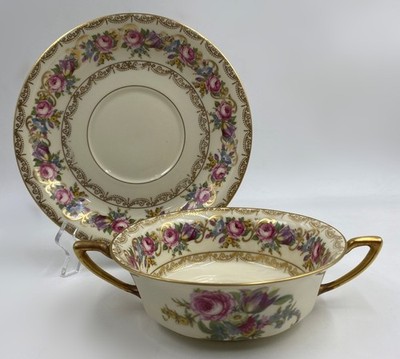 Rosenthal Vienna Cream Soup Bowl & Saucer Set(s) Ivory Line Flowers Gold Scrolls