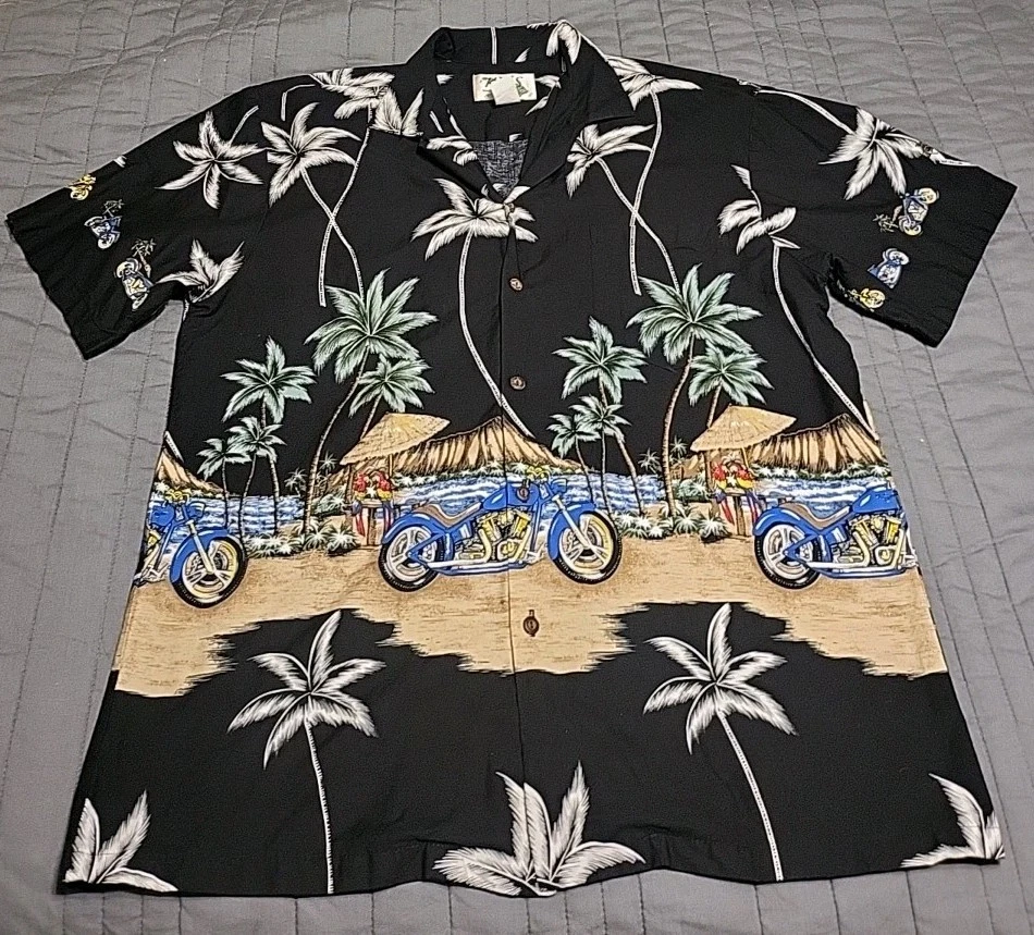Men’s KY’s Hawaiian Shirt Large Hibiscus Palm Tree With Motorcycle And Parats!