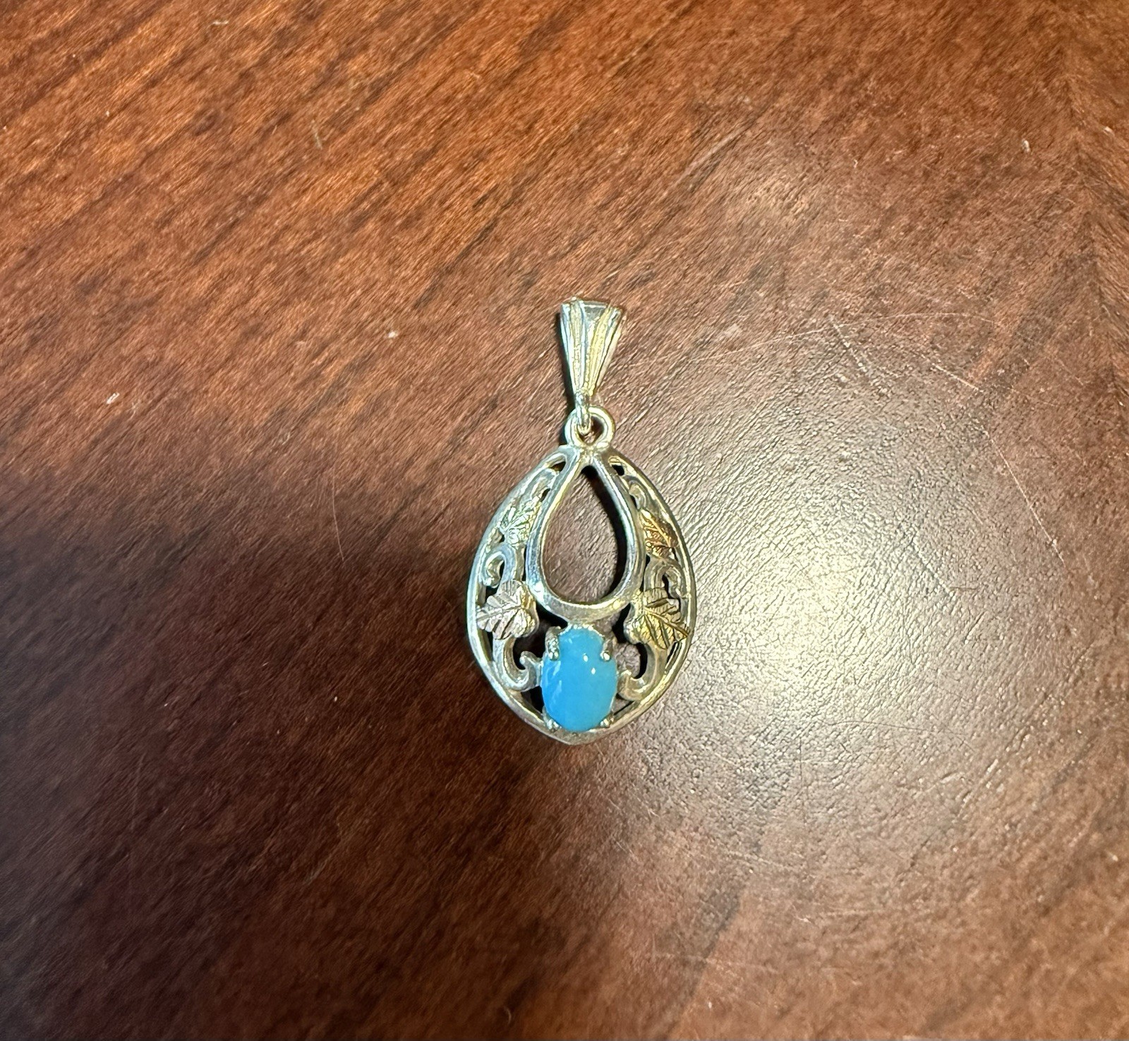 Sterling Silver & 12K Gold Leafs Black Hills Turquoise Filigree Teardrop Pendant