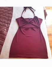 Shein Burgundy Halter Tie Mini Dress With Middle Cut Out.