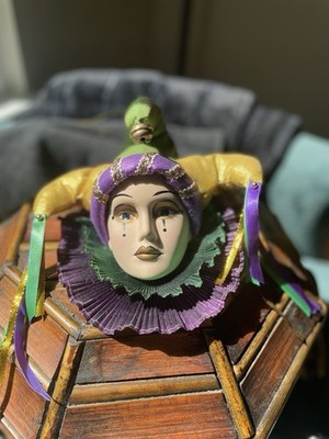 Mardi Gras Ceramic Mask Crying Tears Joker Clown Jester Purple Gold Green Beads