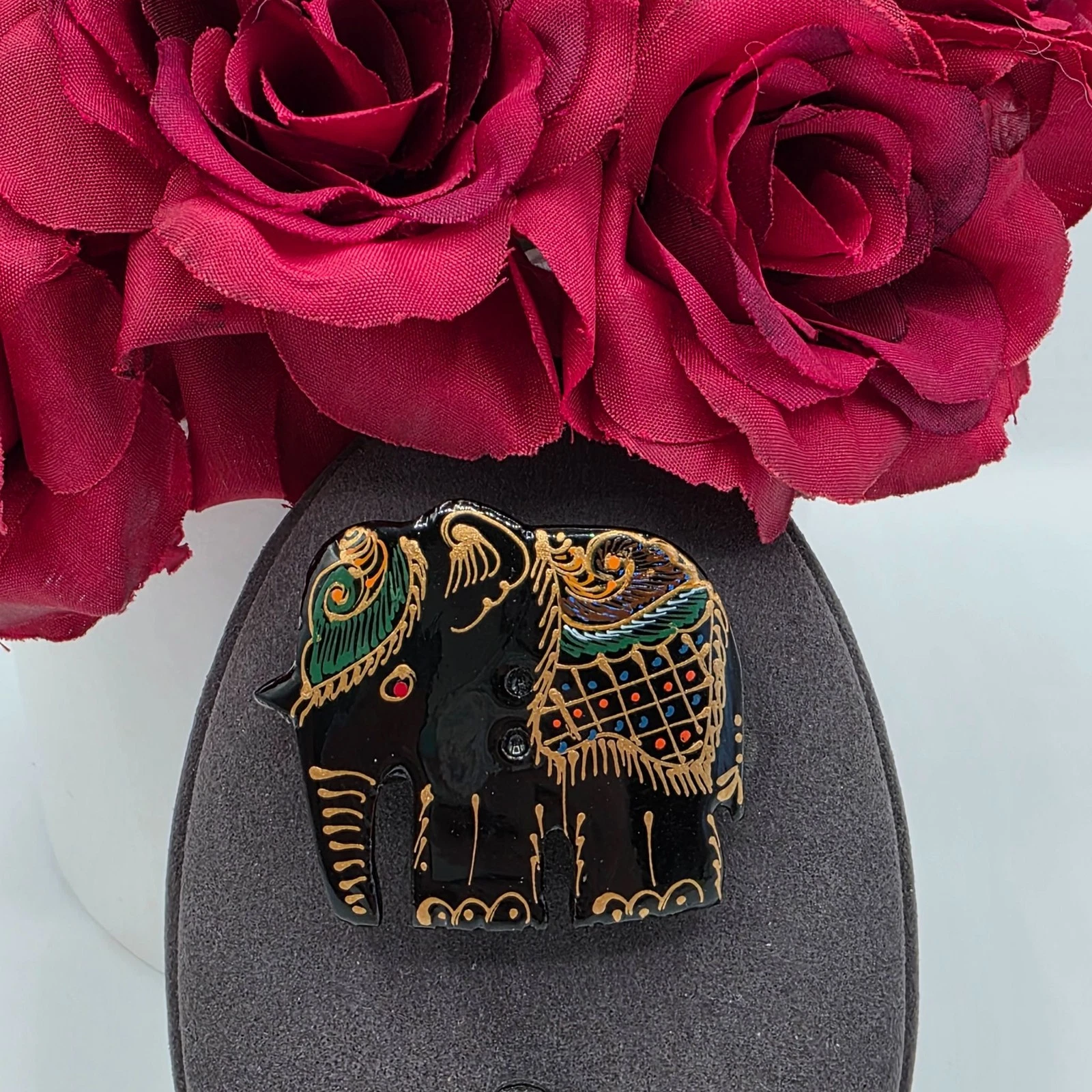 Vintage Black Elephant Brooch Enamel Figural Pin Detailed Gold Hand Painted