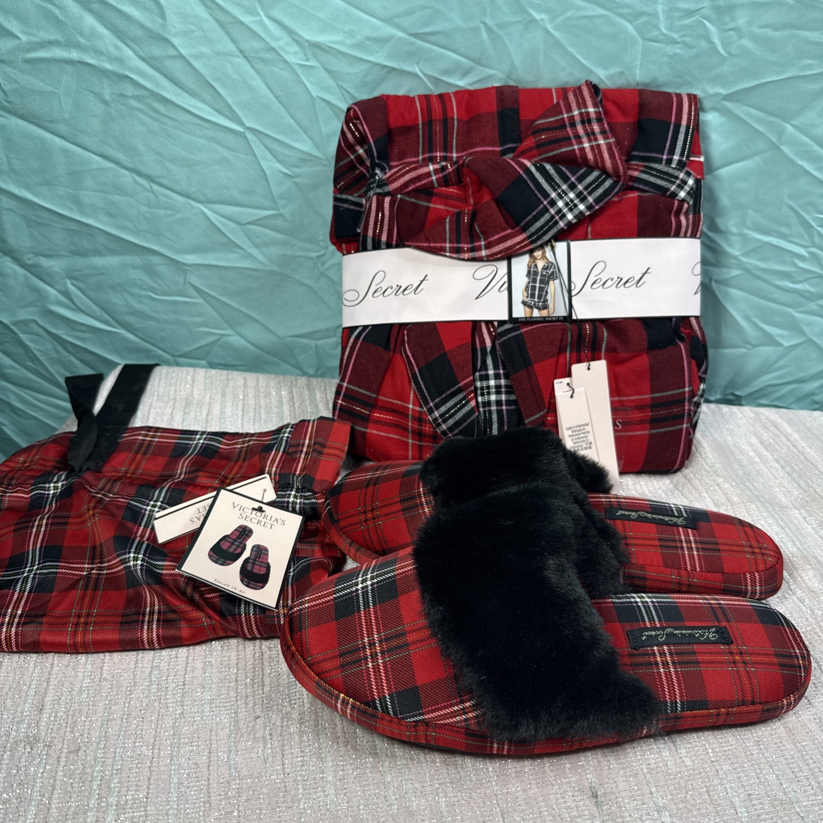 Victoria's Secret FLANNEL Long PJ Lounge Pajama Red Plaid Gift Set S w Slippers