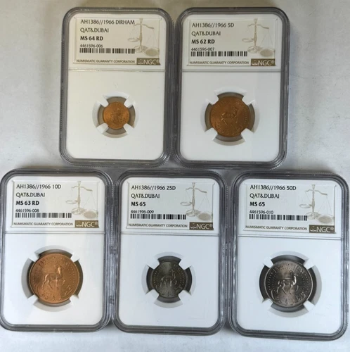 1966 Qatar and Dubai  1 to 50 Dirhams 5 coin SET, NGC MS65. 5 coins!! GEM UNC