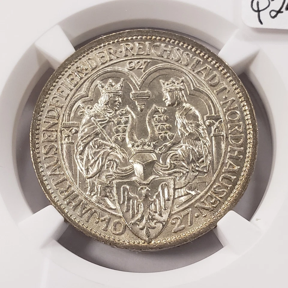 1927-A Germany Weimar Norhausen 3 Mark  .2411 oz ASW - NGC UNC Dets - Q2458 - Image 3 of 4