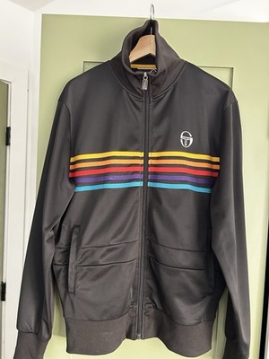 Sergio Tacchini Men's Black Striped Track Jacket Full Zip Pockets Size L