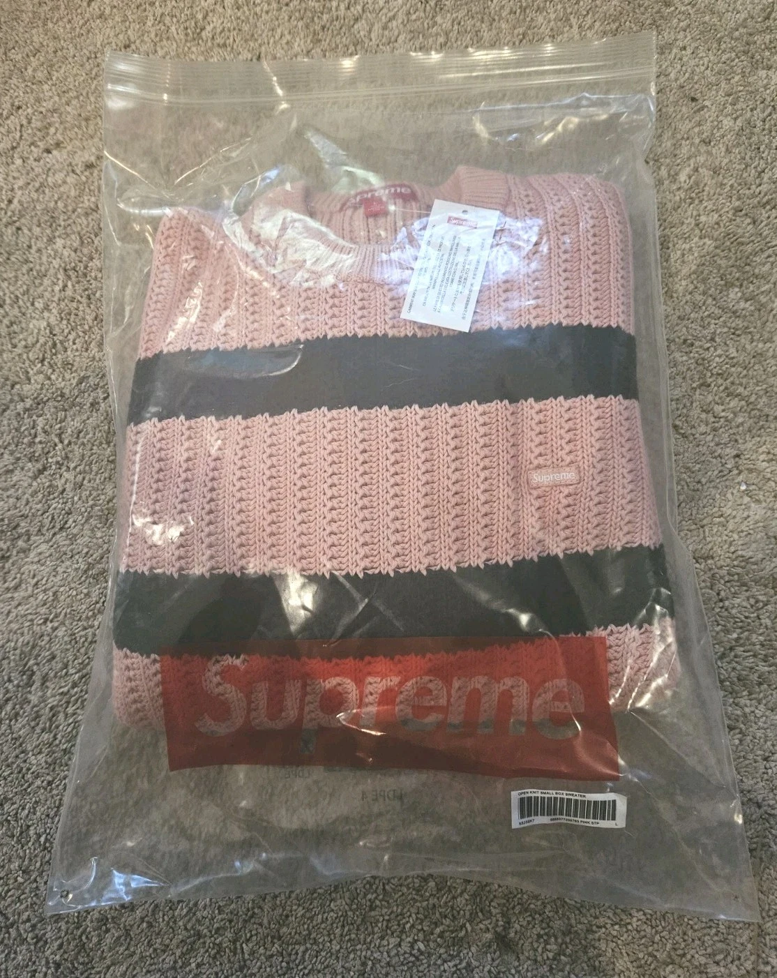 Pull Supreme SS25 à rayures amples petite boîte taille L rose 