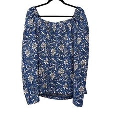 LOFT Textured Floral Smocked Square Neck Puff Sleeve Blouse Blue White Large