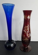 2 Small Glass Bud Vases Blue Red