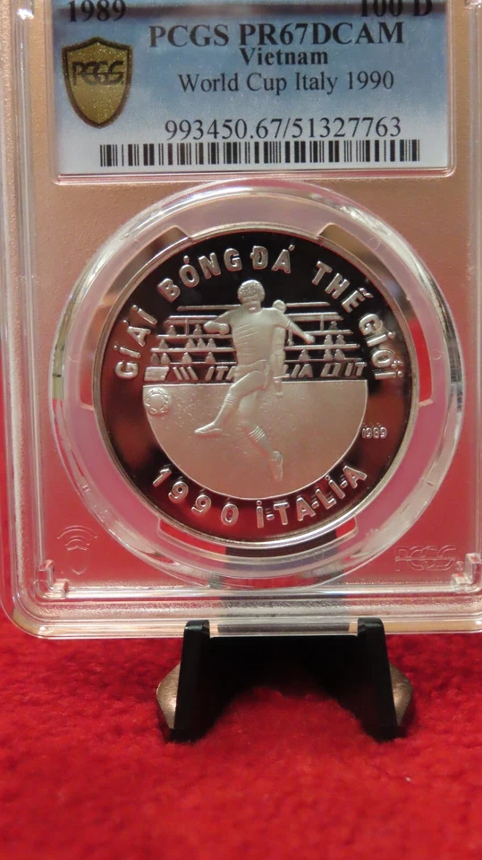 Vietnam 1989 World Cup Italy 999 Silver 100 Dong Soccer / Football PCGS PR67 - Image 2 of 4