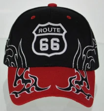 NEW! US ROUTE 66 SIDE FLAME FULL EMBROIDERED BALL BLACK RED CAP HAT