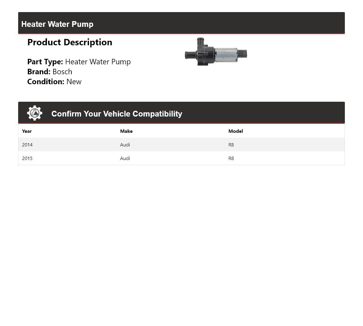 For 2014-2015 Audi R8 Bosch Heater Water Pump