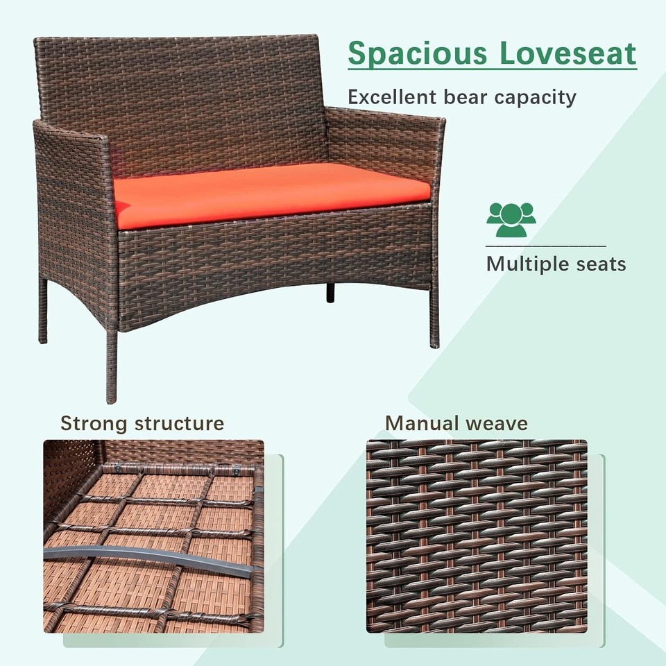 Durable Brown and Red Wicker Patio Conversation Set with Cushions