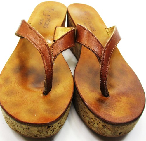 K Jacques Women Clog Sandles Cork Mid-Sole Thongs 2.75 Inch High Brown Size 9.5 - Picture 2 of 8