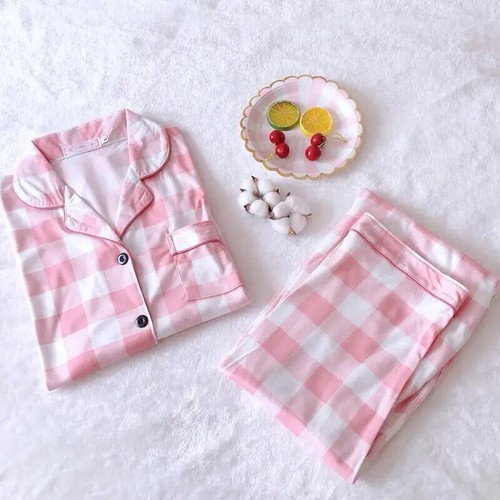 Damen-Pyjama-Set, weicher langärmeliger karierter Druck Pyjama & lange Hose mit Tasche