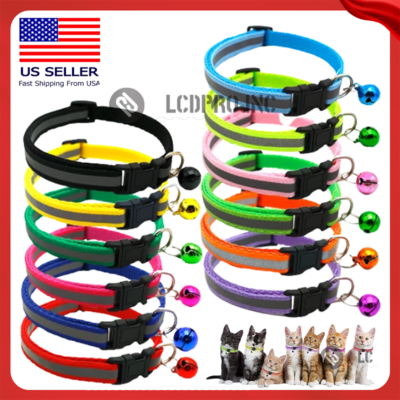 #ad #ad Reflective Nylon Cat Safety Collar with Bell for Cat Kitten Small Dog adjustable $3.63