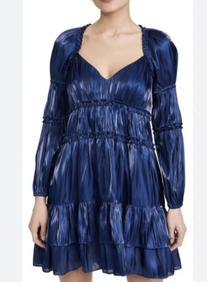 NWT - CINQ À SEPT 'Tammy' Tiered Ruffle-Trim Lamé Mini-Dress, Eclipse Blue - 10