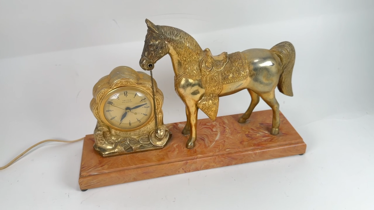 United Clock Co Horse Stallion Equestrian Mantle Brass Tone MCM Working Vintage eBay
