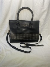 BCBG Paris Satchel Bag with Handles, Black Faux Leather, Gold Stud Embellishment