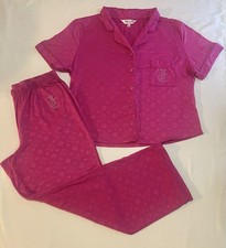 Juicy Couture 2pc Top Pants Pajamas L Rhinestones Embossed lounge wear Glam EUC