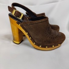 Tory Burch Brayden Brown Suede 4.5  Wooden High Heel Slingback Logo Clogs Size 6