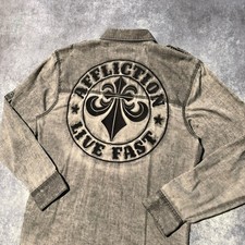 Y2K Affliction Black Premium Mens Long Sleeve Button Up Shirt Gray Wash XL