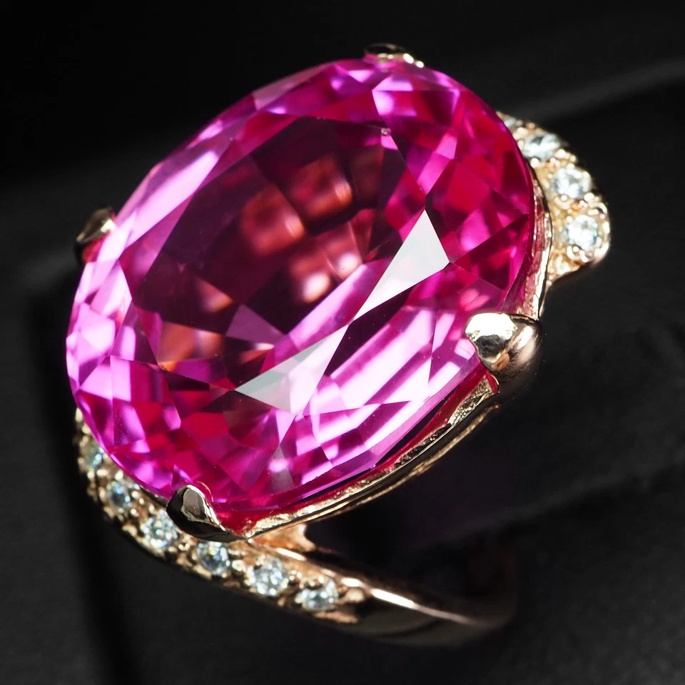 Brillantes anillos de oro rosa de plata de ley 925 de 26,15 quilates de turmalina rosa fucsia Foto 4 de 4