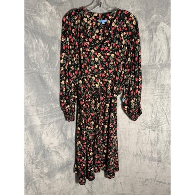Draper James RSVP Women 2X Floral V-Neck Drawstring Midi Dress Black floral NEW