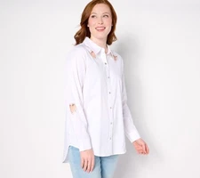 Women with Control Attitudes by Renee Woven Heart Cutout Button Front Shirt Whit