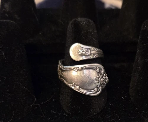 Vintage Silver Plated Spoon Ring Ornate Floral Etched Adjustable Band Jewelry
