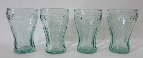 Vintage Set of 4 Mini Coca-Cola Green Tint Glasses 3" Tumblers Bell Shaped