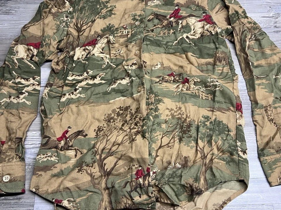 复古 90 年代 RALPH LAUREN 马术马新奇狐狸狩猎印花纽扣衬衫 S — 第 3/4 张图片
