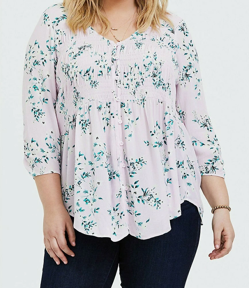 Torrid Floral Crinkle Gauze Smocked Blouse Light Lavender 2 2X 18-20 #44545
Opens in a new window or