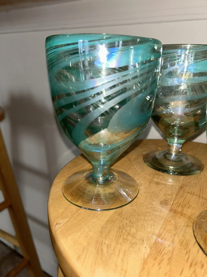 4件套人类学吹制玻璃葡萄酒高脚杯玻璃青绿色漩涡从未使用过 — 第 2/3 张图片