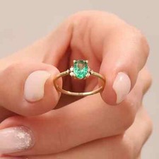 Sterling Silver 18K Gold Plated Natural Oval Cut Emerald Engagement Ring for Her